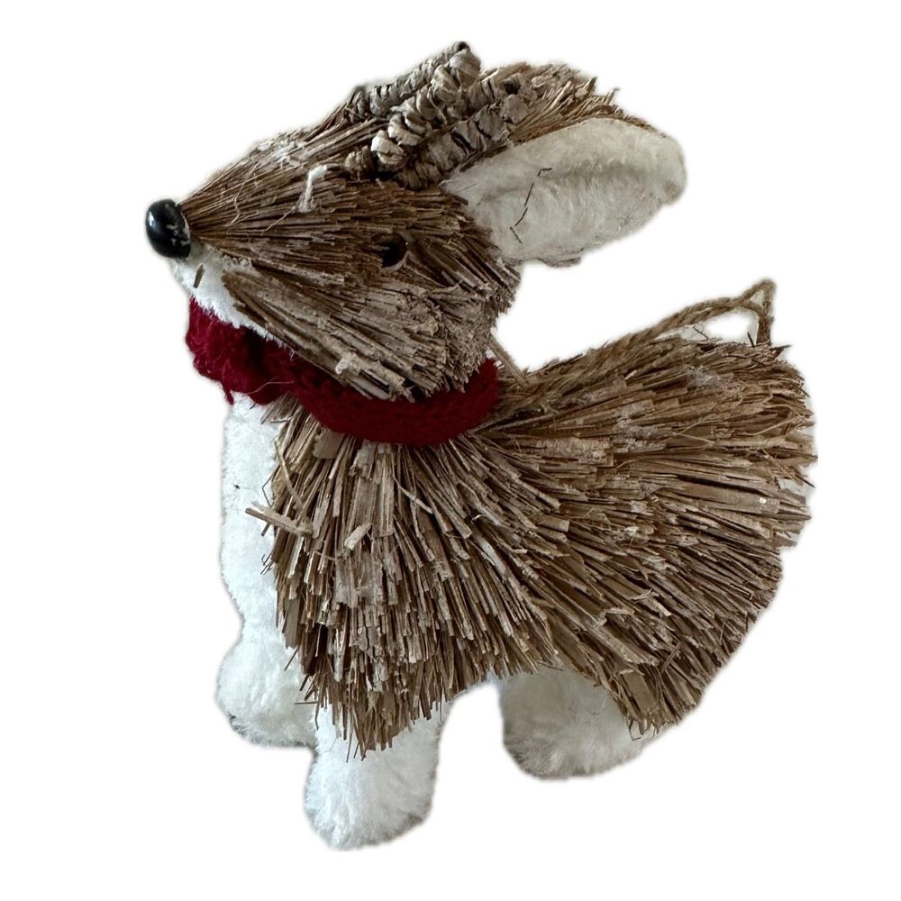 Rustic Woodland Bristle Plush Straw Reindeer Red Scarf Christmas Tree Ornament